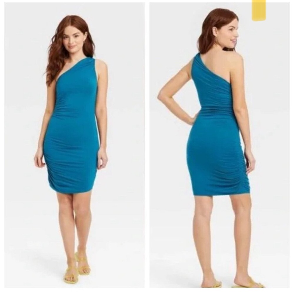 A New Day Blue Teal One Shoulder Ruched Sheath Dress Sexy sz M NWOT Stretch